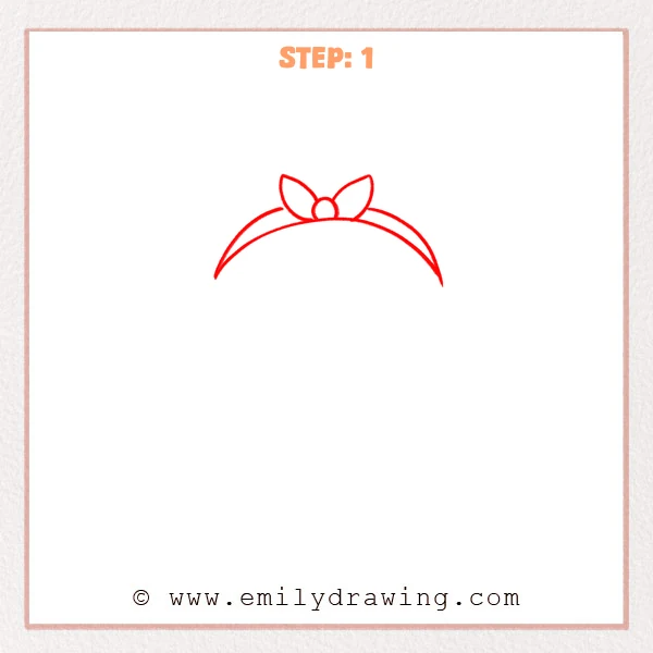 how to draw a girl face - Step 1 of how to draw a girl face shows a curved headband with a centered bow, starting the basic outline.